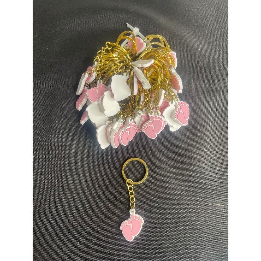 Bulk 50ct Pink Baby Feet Keychains‎ Gold Tone Split Ring Shower Favors Lot